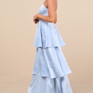Lulus Prigette Light Blue Jacquard Tiered Maxi Dress - Size L